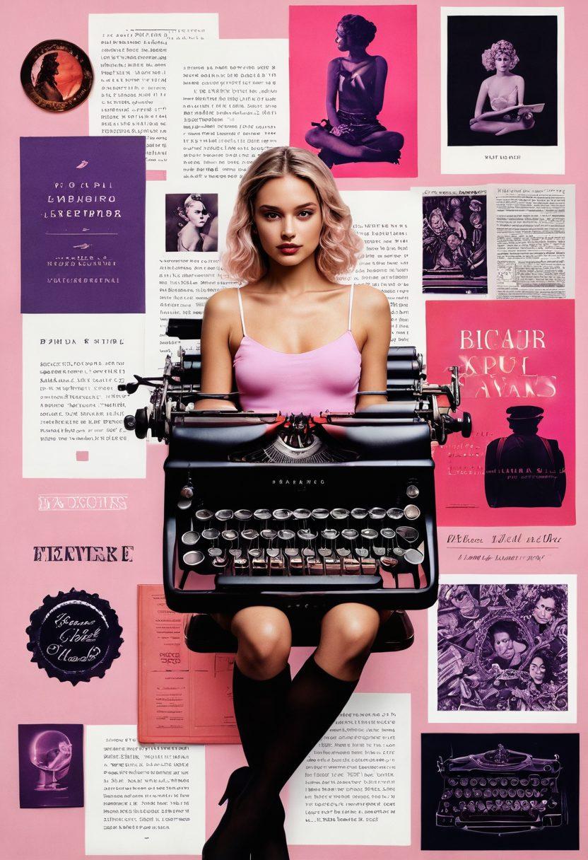 A visually engaging collage showcasing a diverse range of sensual content, featuring a vintage typewriter with erotic books delicately placed around it. Subtle silhouettes of adult bloggers in the background, with soft lighting creating an intimate atmosphere. Incorporate elements like playful neon signs and abstract patterns to evoke a sense of exploration and discovery. The color palette should include deep reds, purples, and soft pinks to enhance the seductive theme. vibrant colors. 3D.