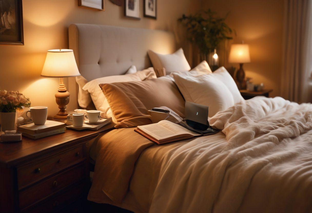 A cozy, inviting bedroom scene featuring a couple sharing an intimate moment, surrounded by soft lighting and plush furnishings. In the background, a laptop displays relationship advice articles, symbolizing the blend of personal connection and wisdom. Subtle elements like a warm cup of tea and an open book on the nightstand enhance the ambiance of intimacy and trust. super-realistic. warm colors. soft focus.