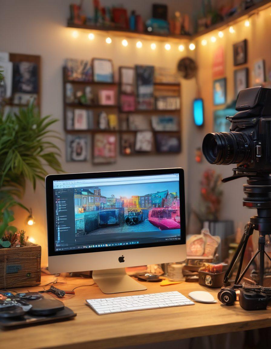A stylish workspace with a camera setup, brightly lit and adorned with whimsical adult-themed decorations. A friendly guide points at a laptop screen displaying editing software, while colorful soft-focus lights create an inviting atmosphere. Include a sense of creativity and professionalism with various props like clapperboards and film reels. vibrant colors. modern design. 3D.